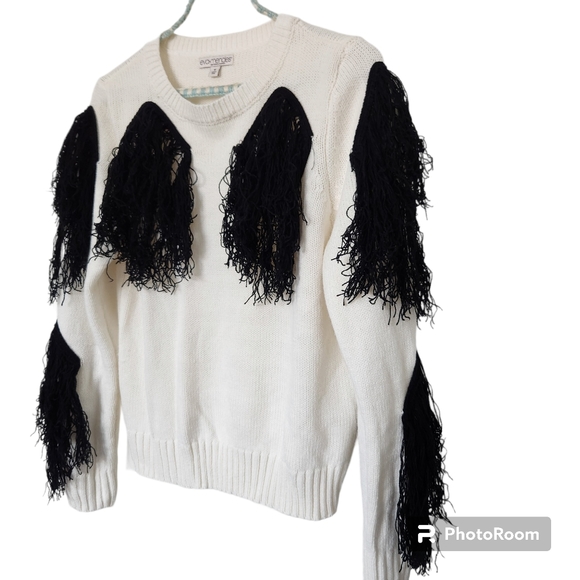 Eva Mendes New York & Co White Knit Sweater with Black Fringe Pom Poms Med - Picture 2 of 11